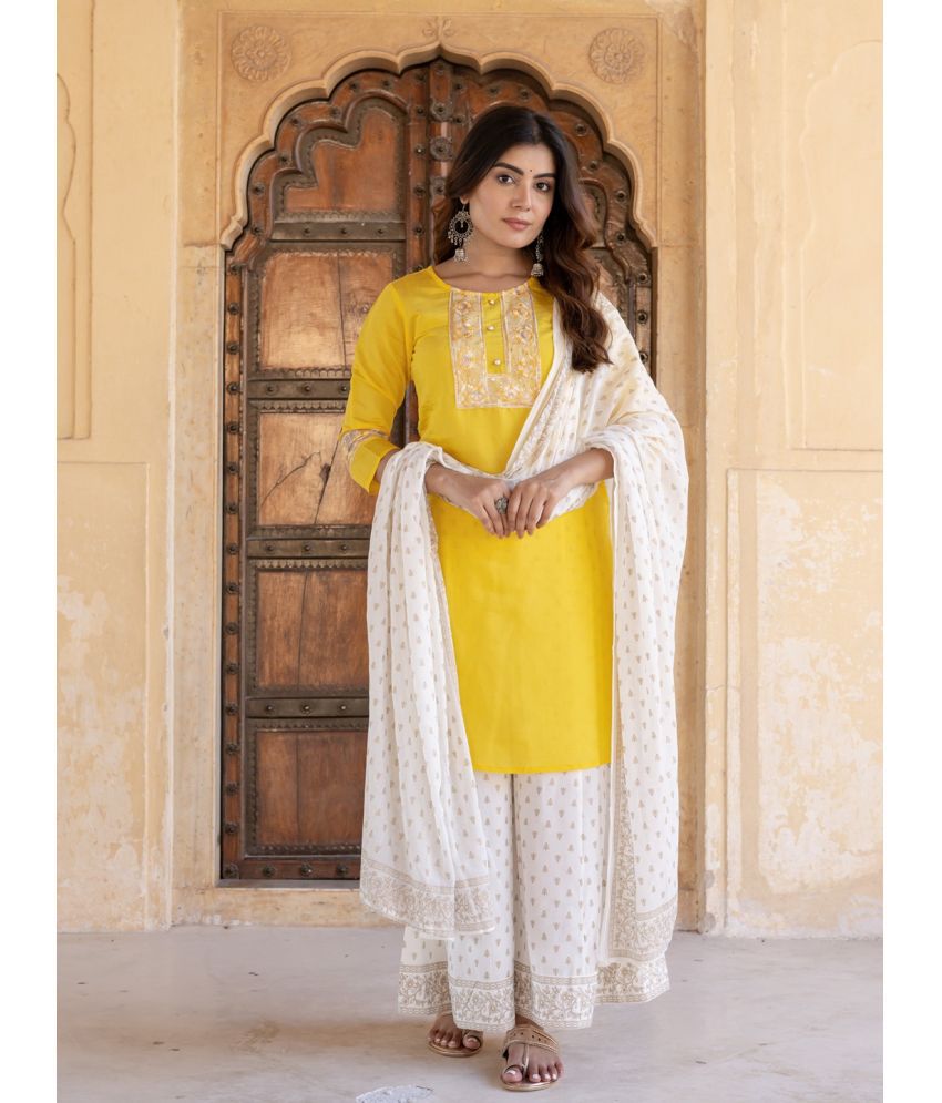     			Yufta Polyester Embroidered Kurti With Palazzo Women's Stitched Salwar Suit - Yellow ( Pack of 1 )