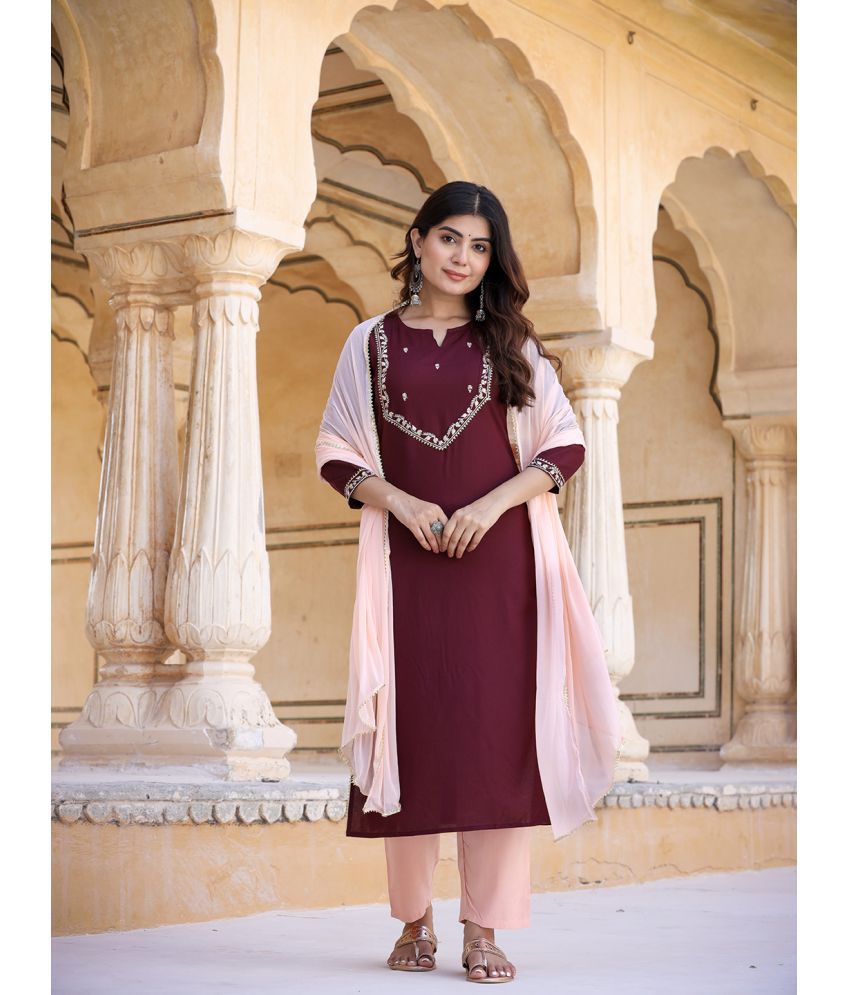    			Yufta Rayon Embroidered Kurti With Pants Women's Stitched Salwar Suit - Maroon ( Pack of 1 )