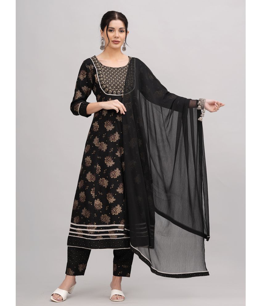     			JC4U Rayon Printed Kurti With Pants Women's Stitched Salwar Suit - Black ( Pack of 1 )