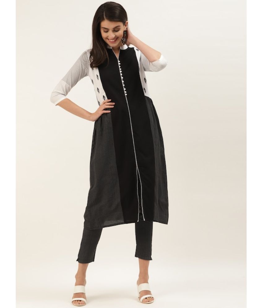     			Varanga Cotton Blend Colorblock Kurti With Pants Women's Stitched Salwar Suit - Black ( Pack of 1 )