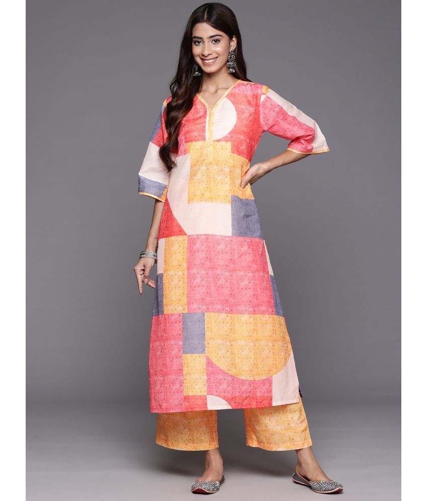     			Varanga Cotton Blend Printed Kurti With Pants Women's Stitched Salwar Suit - Pink ( Pack of 1 )