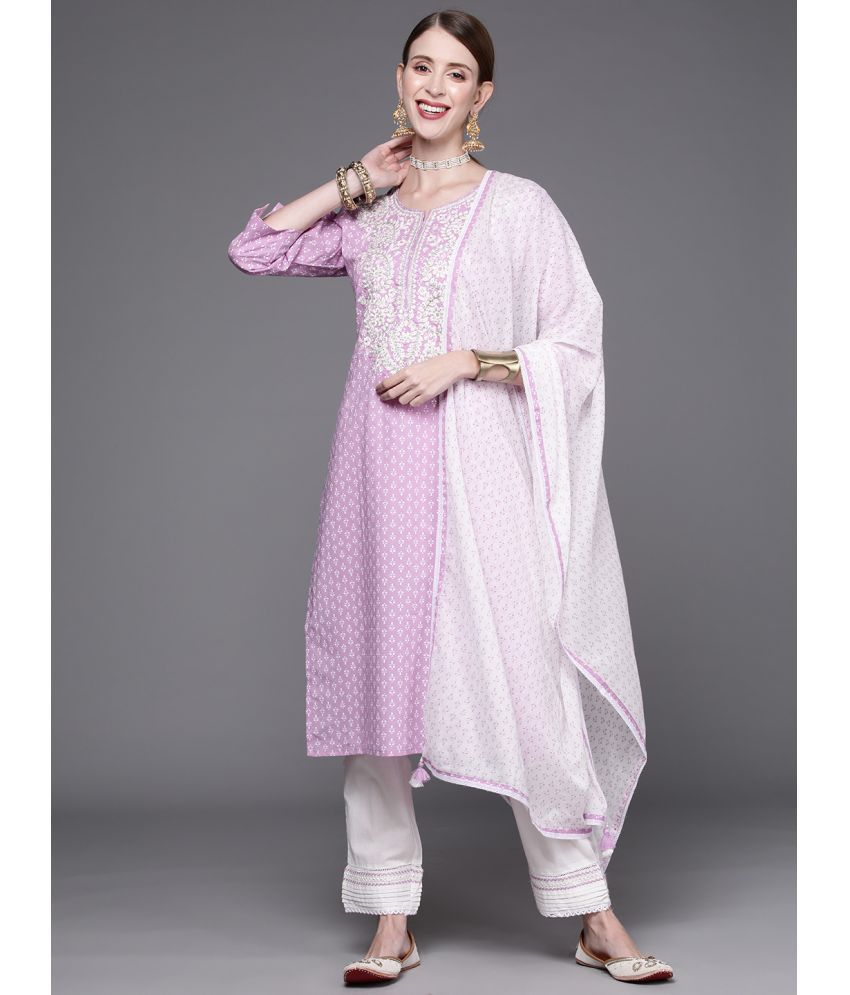     			Varanga Cotton Printed Kurti With Pants Women's Stitched Salwar Suit - Mauve ( Pack of 1 )