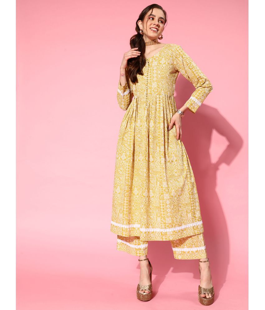     			Varanga Cotton Printed Kurti With Pants Women's Stitched Salwar Suit - Yellow ( Pack of 1 )