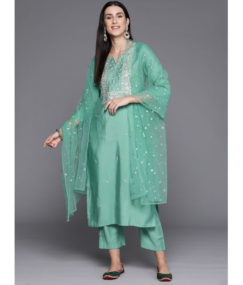     			Varanga Silk Blend Embroidered Kurti With Pants Women's Stitched Salwar Suit - Sea Green ( Pack of 1 )