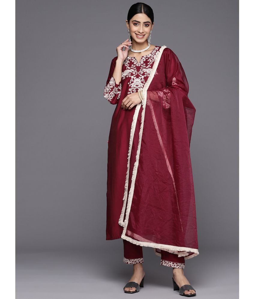     			Varanga Silk Blend Embroidered Kurti With Pants Women's Stitched Salwar Suit - Maroon ( Pack of 1 )