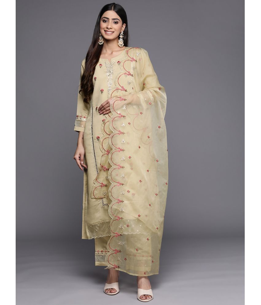     			Varanga Silk Blend Embroidered Kurti With Pants Women's Stitched Salwar Suit - Beige ( Pack of 1 )