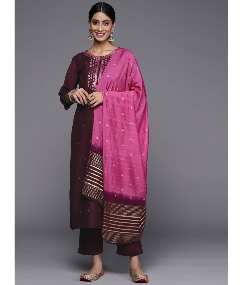     			Varanga Silk Blend Embroidered Kurti With Pants Women's Stitched Salwar Suit - Burgundy ( Pack of 1 )