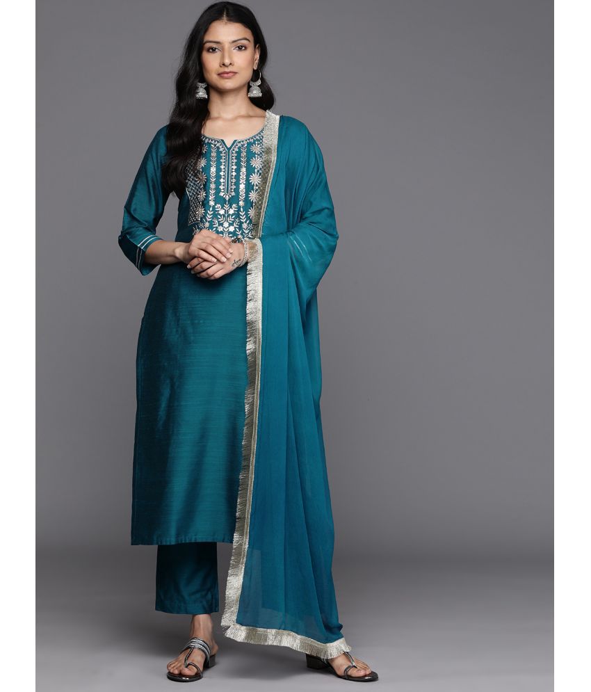     			Varanga Silk Blend Embroidered Kurti With Pants Women's Stitched Salwar Suit - Teal ( Pack of 1 )