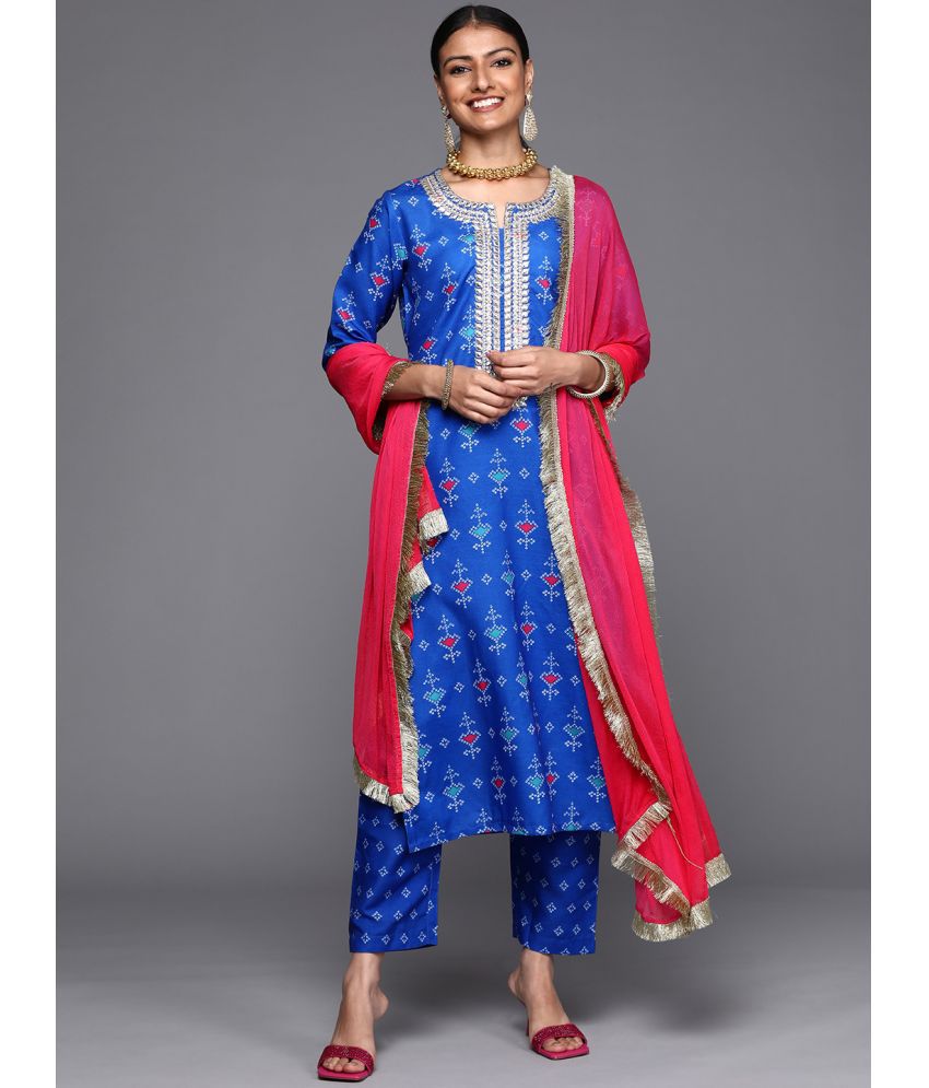     			Varanga Silk Blend Printed Kurti With Pants Women's Stitched Salwar Suit - Blue ( Pack of 1 )