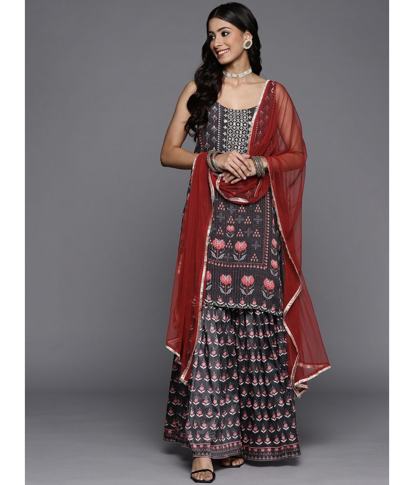     			Varanga Silk Blend Printed Kurti With Pants Women's Stitched Salwar Suit - Black ( Pack of 1 )