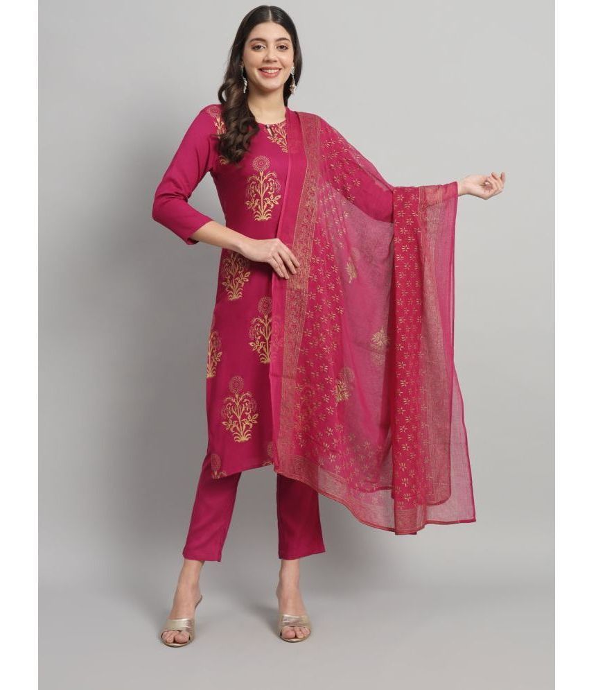     			TUNIYA Rayon Printed Kurti With Pants Women's Stitched Salwar Suit - Wine ( Pack of 1 )