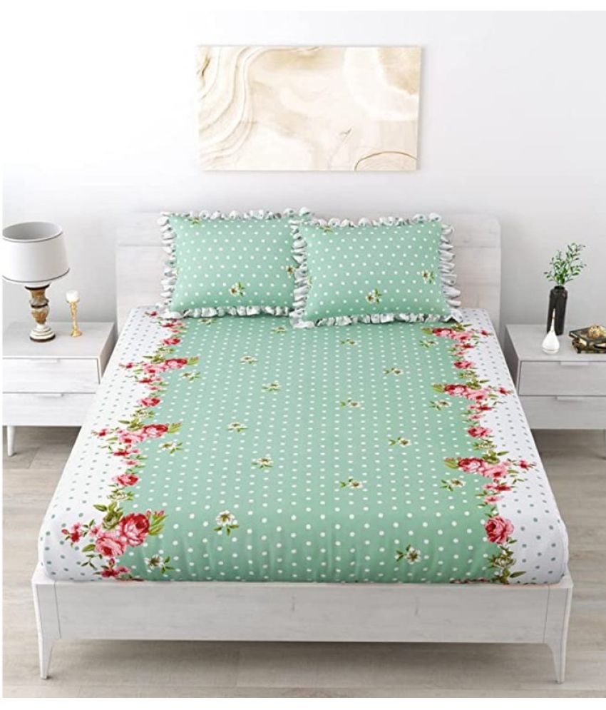     			JBTC COTTON Floral Fitted 1 Bedsheet with 2 Pillow Covers ( Double Bed ) - GREEN