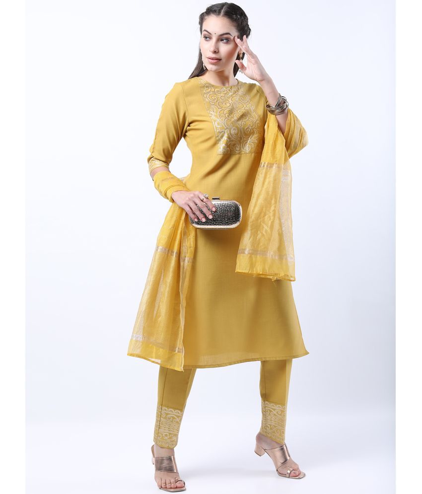     			Ketch Polyester Embellished Kurti With Pants Women's Stitched Salwar Suit - Yellow ( Pack of 1 )