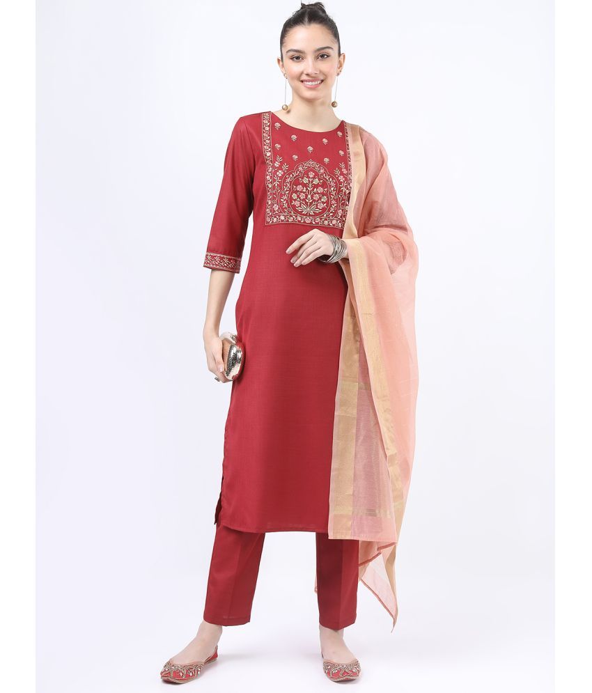     			Ketch Polyester Embroidered Kurti With Pants Women's Stitched Salwar Suit - Red ( Pack of 1 )