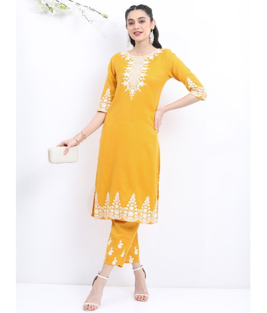     			Ketch Polyester Embroidered Kurti With Pants Women's Stitched Salwar Suit - Mustard ( Pack of 1 )