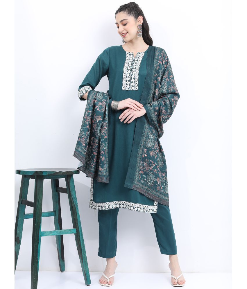     			Ketch Polyester Embroidered Kurti With Pants Women's Stitched Salwar Suit - Teal ( Pack of 1 )