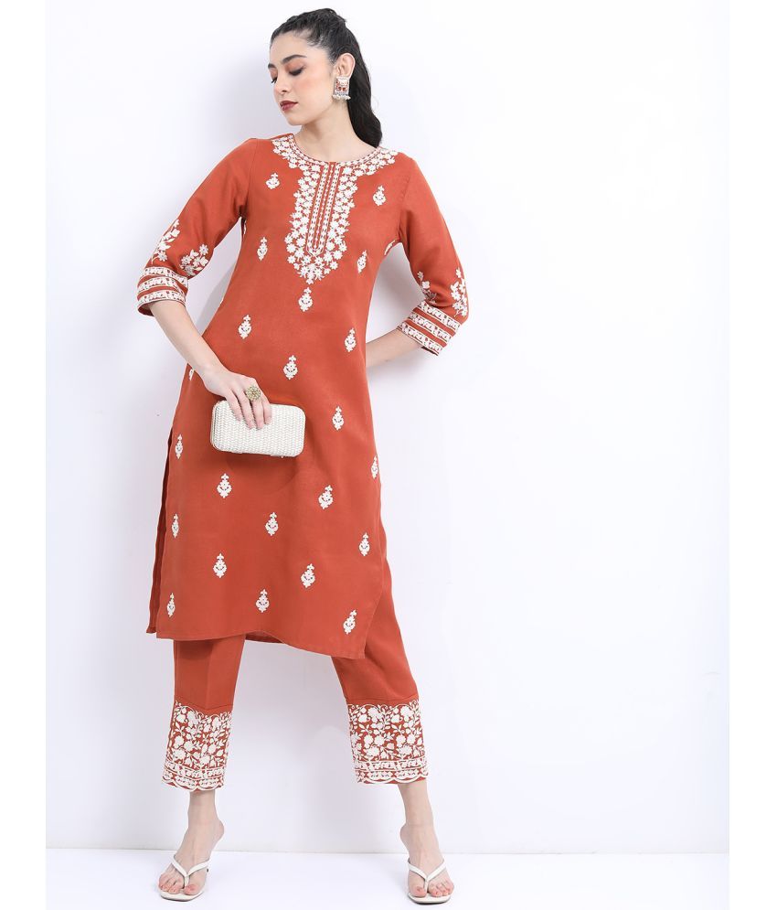     			Ketch Polyester Embroidered Kurti With Pants Women's Stitched Salwar Suit - Rust ( Pack of 1 )