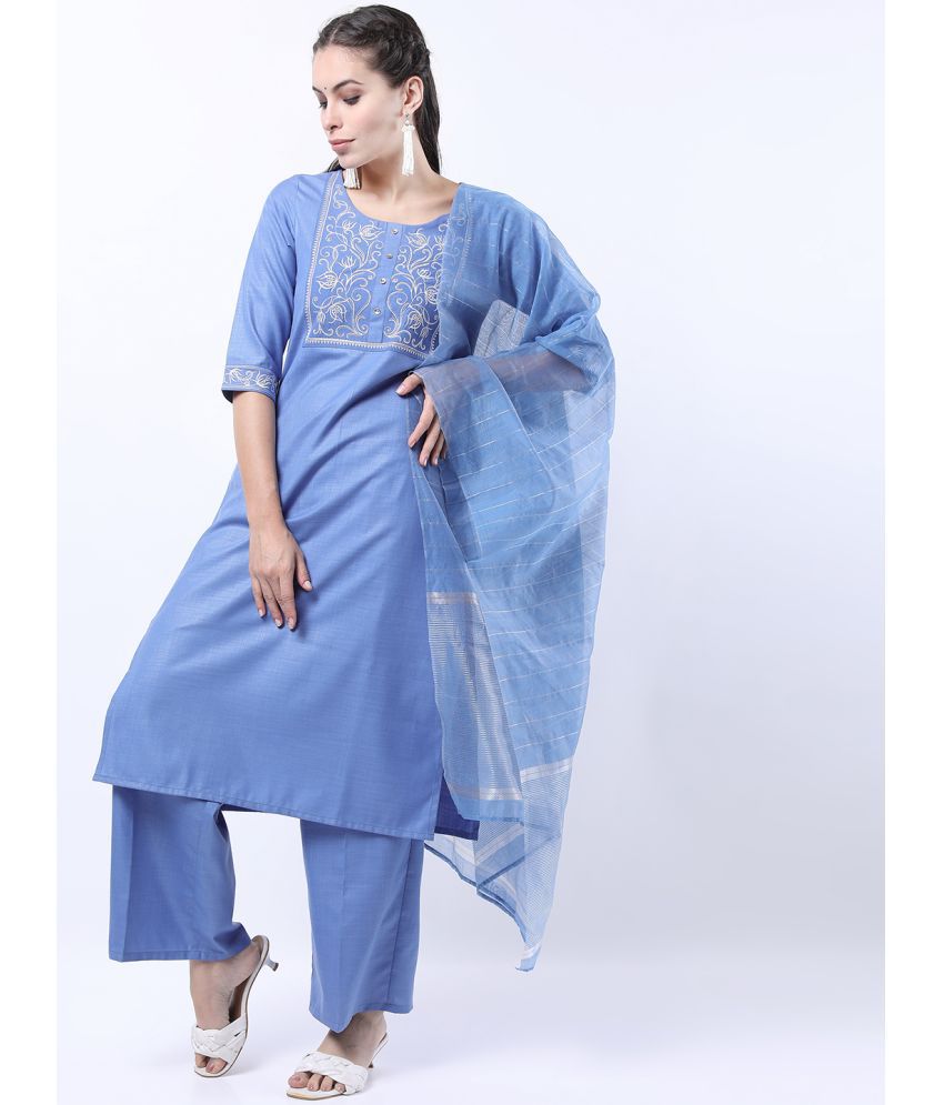     			Ketch Polyester Embroidered Kurti With Palazzo Women's Stitched Salwar Suit - Blue ( Pack of 1 )