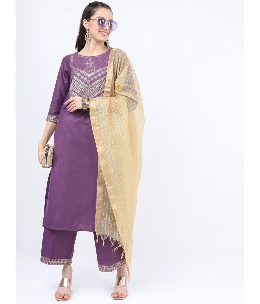     			Ketch Polyester Embroidered Kurti With Palazzo Women's Stitched Salwar Suit - Purple ( Pack of 1 )