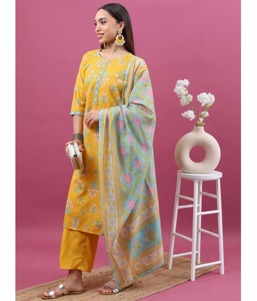     			Ketch Polyester Printed Kurti With Palazzo Women's Stitched Salwar Suit - Yellow ( Pack of 1 )