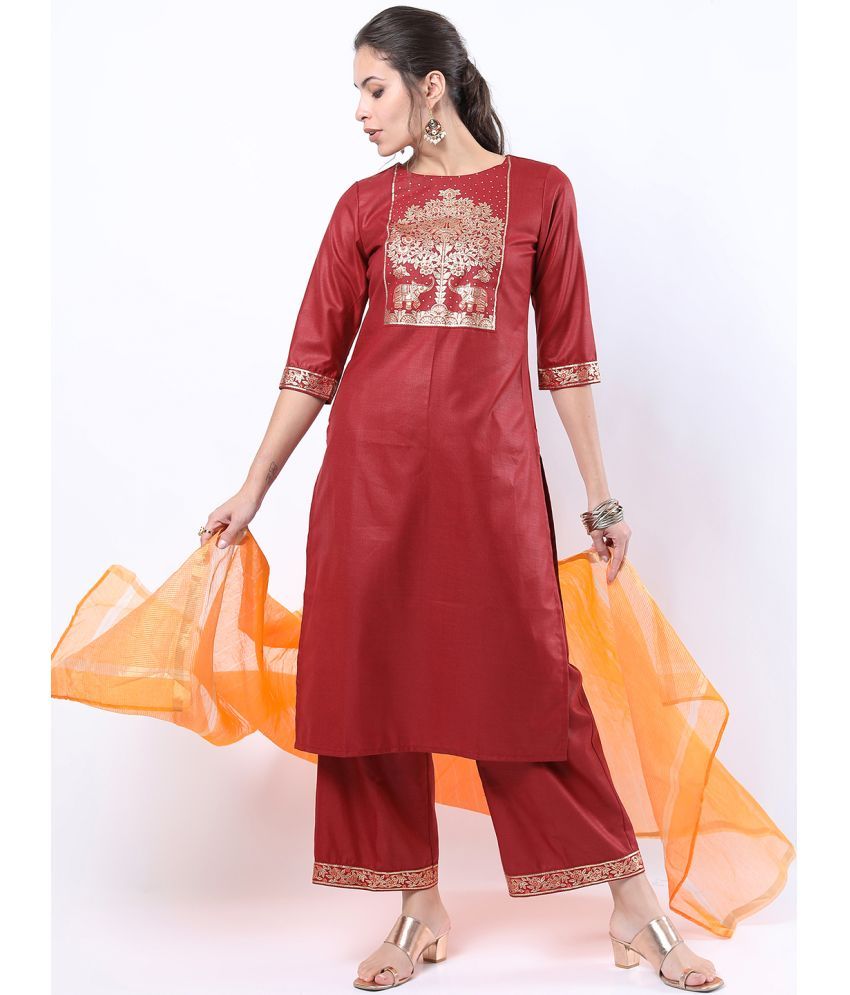     			Ketch Polyester Printed Kurti With Palazzo Women's Stitched Salwar Suit - Red ( Pack of 1 )