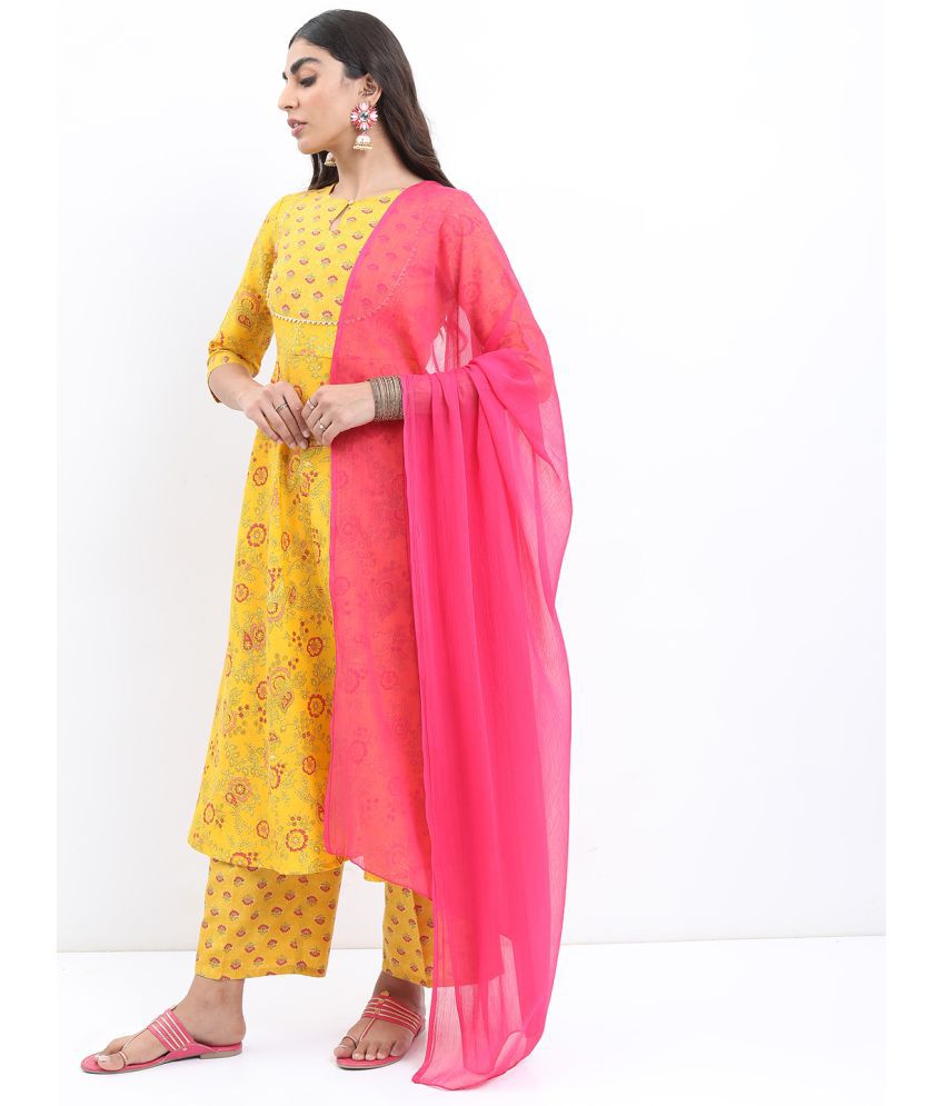     			Ketch Polyester Printed Kurti With Palazzo Women's Stitched Salwar Suit - Yellow ( Pack of 1 )