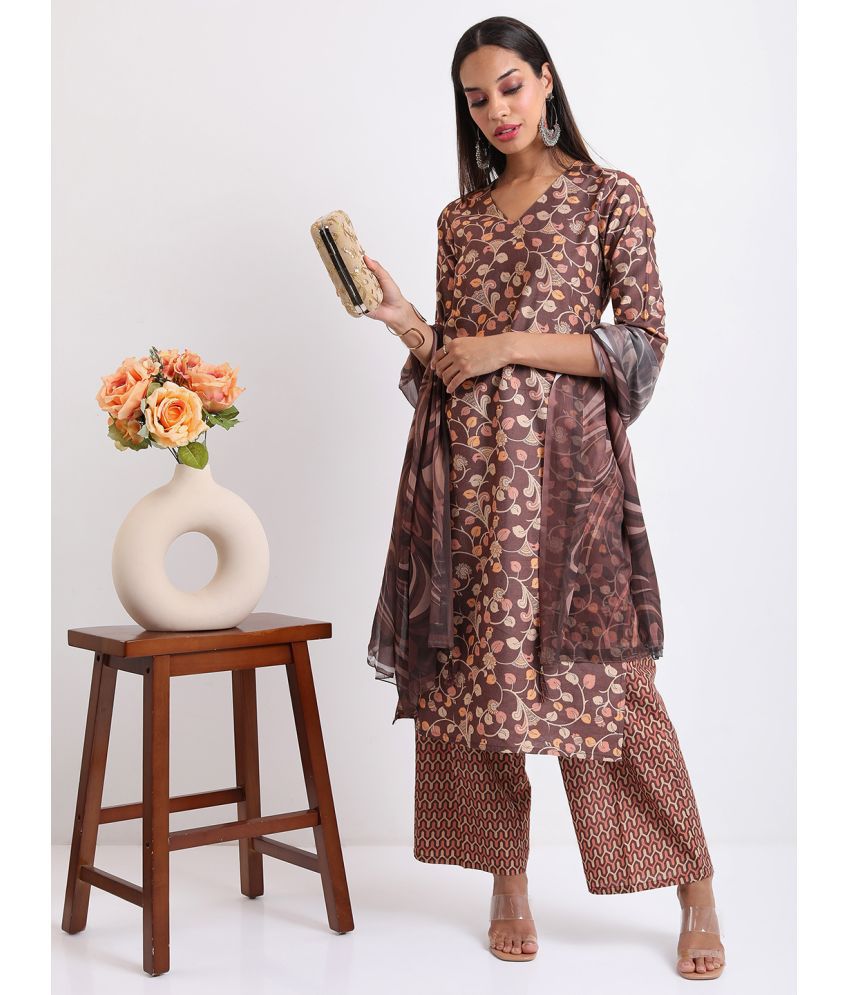     			Ketch Polyester Printed Kurti With Palazzo Women's Stitched Salwar Suit - Brown ( Pack of 1 )