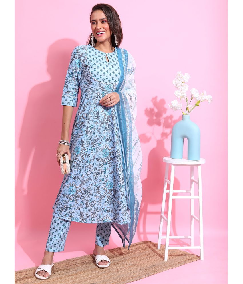     			Ketch Polyester Printed Kurti With Pants Women's Stitched Salwar Suit - Blue ( Pack of 1 )