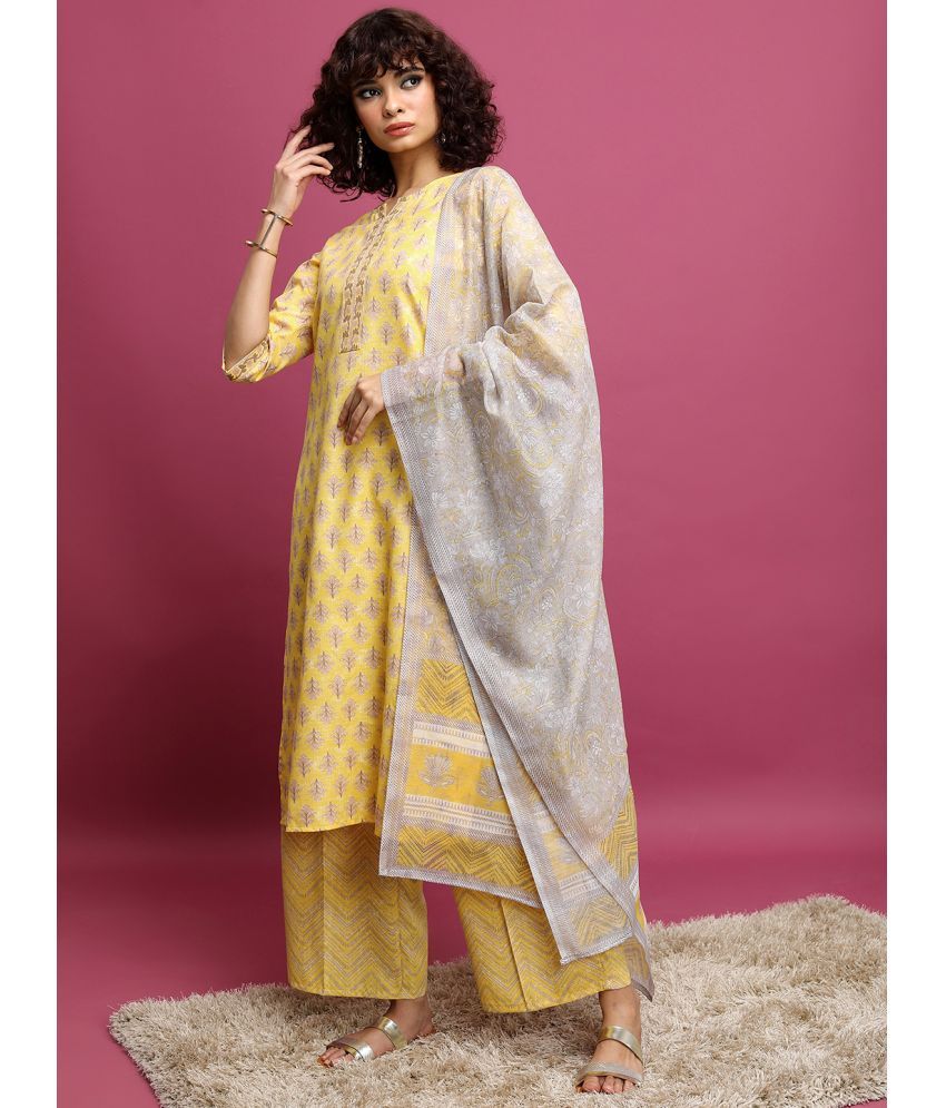     			Ketch Polyester Printed Kurti With Palazzo Women's Stitched Salwar Suit - Yellow ( Pack of 1 )