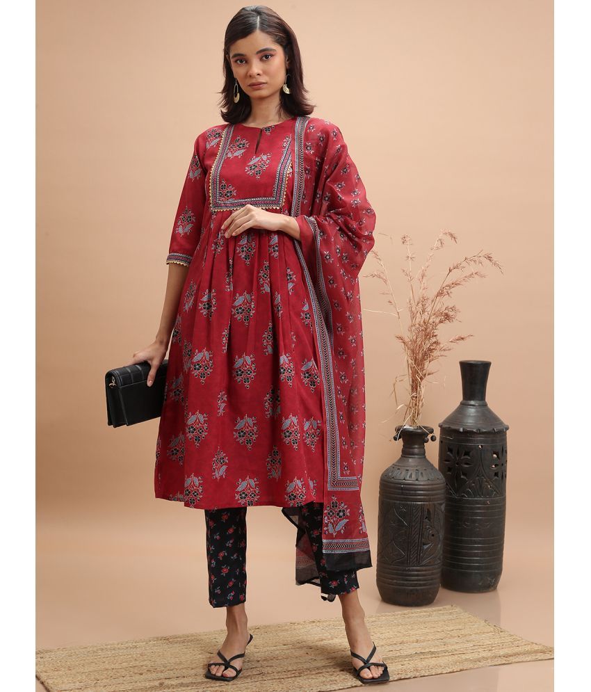     			Ketch Polyester Printed Kurti With Pants Women's Stitched Salwar Suit - Red ( Pack of 1 )