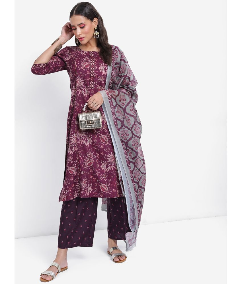     			Ketch Polyester Printed Kurti With Palazzo Women's Stitched Salwar Suit - Purple ( Pack of 1 )