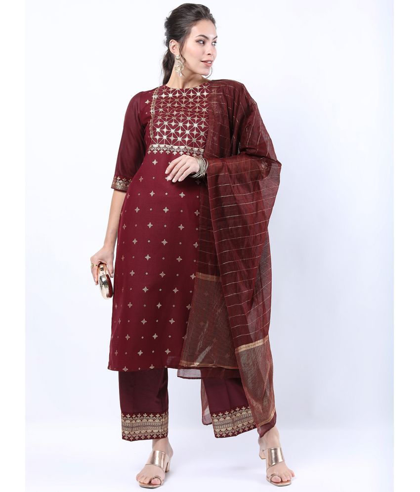     			Ketch Polyester Printed Kurti With Palazzo Women's Stitched Salwar Suit - Burgundy ( Pack of 1 )