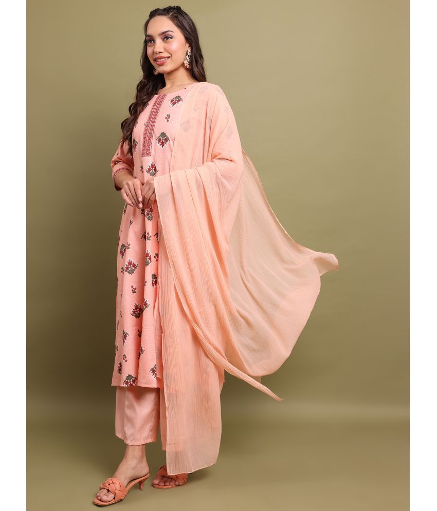    			Ketch Polyester Printed Kurti With Palazzo Women's Stitched Salwar Suit - Peach ( Pack of 1 )