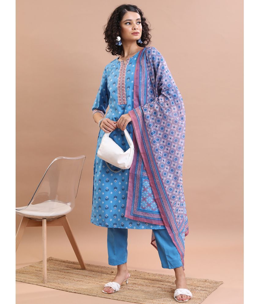     			Ketch Polyester Printed Kurti With Pants Women's Stitched Salwar Suit - Blue ( Pack of 1 )