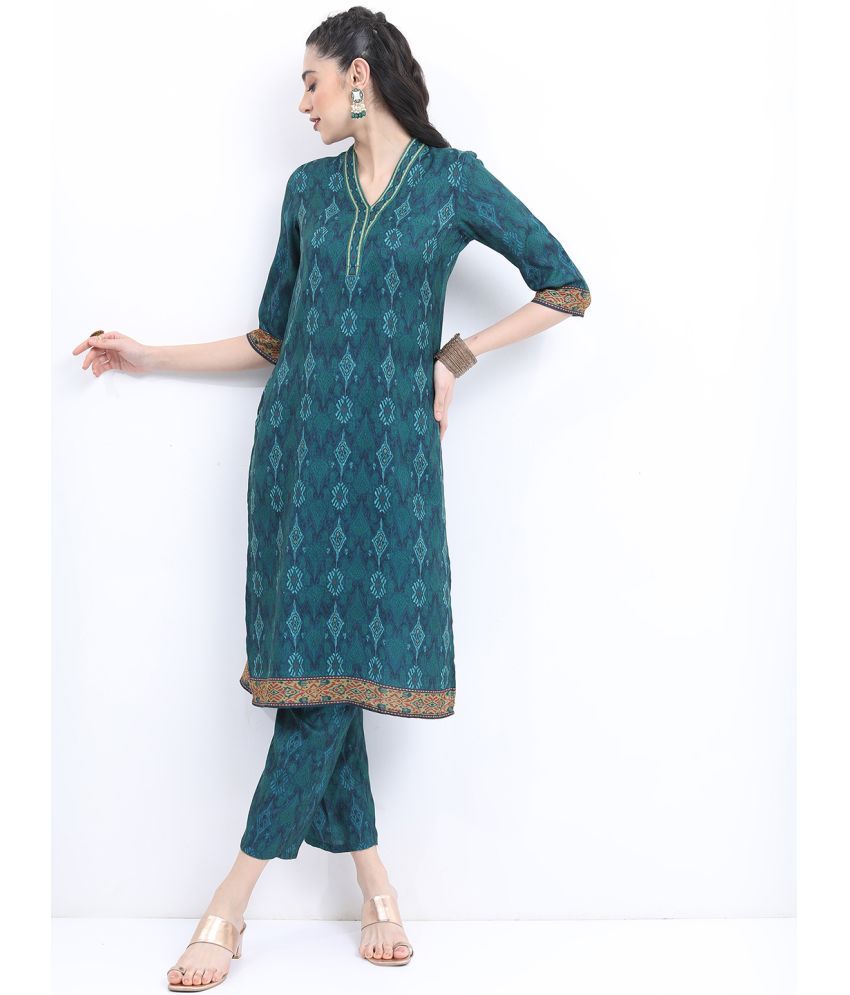     			Ketch Polyester Printed Kurti With Palazzo Women's Stitched Salwar Suit - Green ( Pack of 1 )