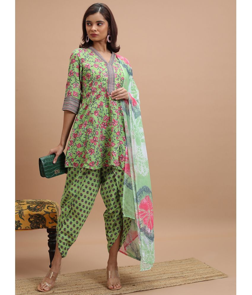     			Ketch Polyester Printed Kurti With Dhoti Pants Women's Stitched Salwar Suit - Green ( Pack of 1 )