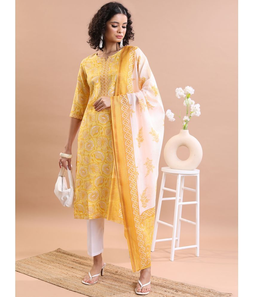     			Ketch Polyester Printed Kurti With Pants Women's Stitched Salwar Suit - Yellow ( Pack of 1 )