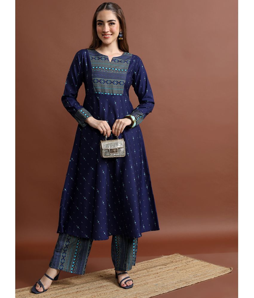     			Ketch Polyester Printed Kurti With Palazzo Women's Stitched Salwar Suit - Navy Blue ( Pack of 1 )