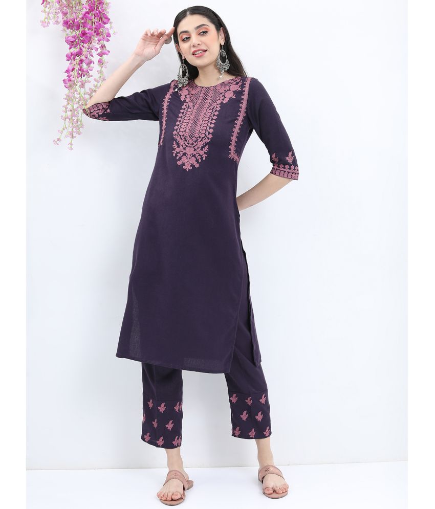     			Ketch Polyester Self Design Kurti With Palazzo Women's Stitched Salwar Suit - Purple ( Pack of 1 )