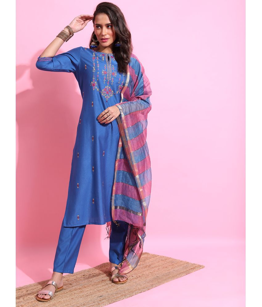     			Ketch Viscose Embroidered Kurti With Pants Women's Stitched Salwar Suit - Blue ( Pack of 1 )
