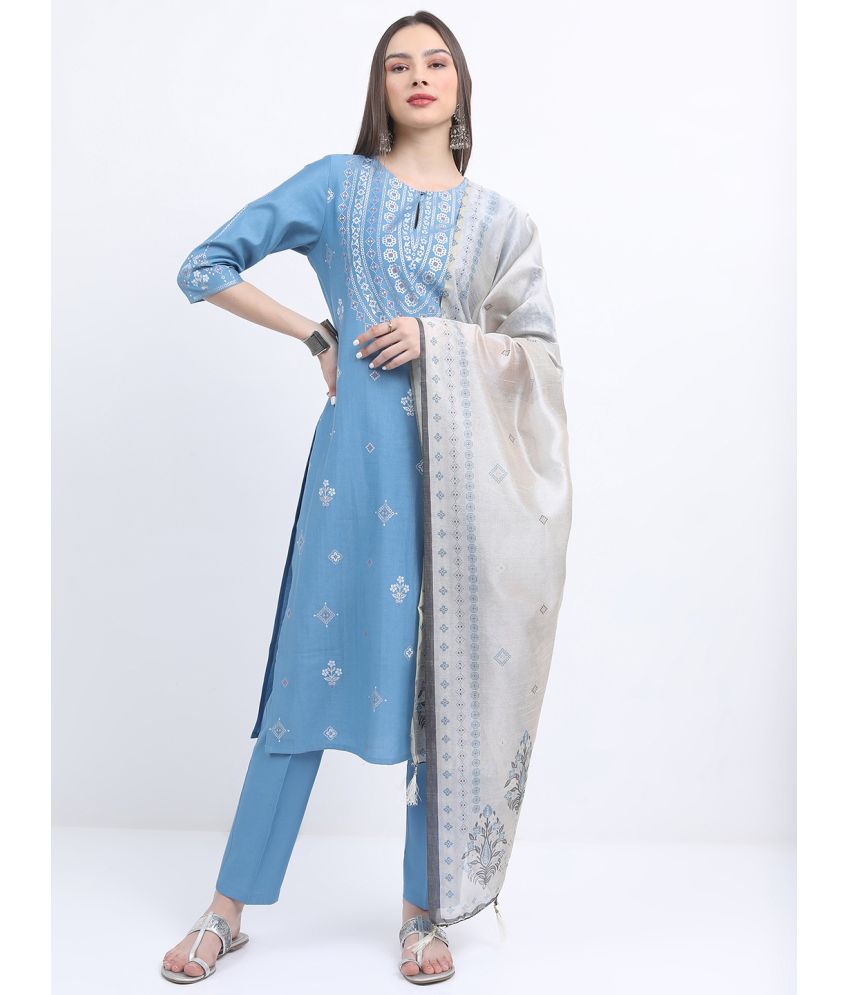     			Ketch Viscose Printed Kurti With Pants Women's Stitched Salwar Suit - Blue ( Pack of 1 )