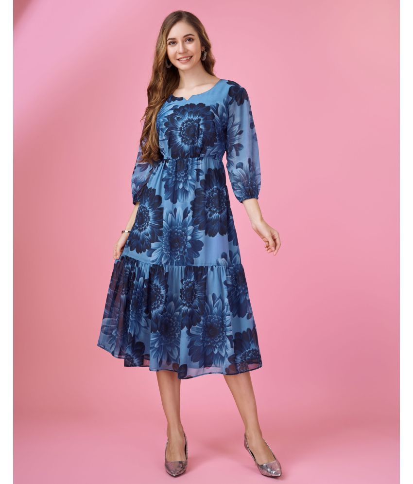     			MOJILAA Georgette Printed Midi Women's Empire Dress - Blue ( Pack of 1 )