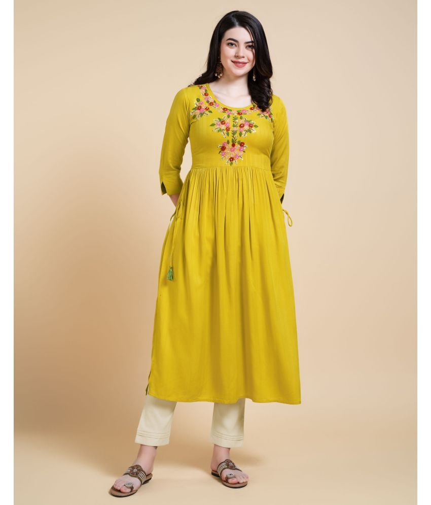     			MOJILAA Rayon Embroidered A-line Women's Kurti - Mustard ( Pack of 1 )