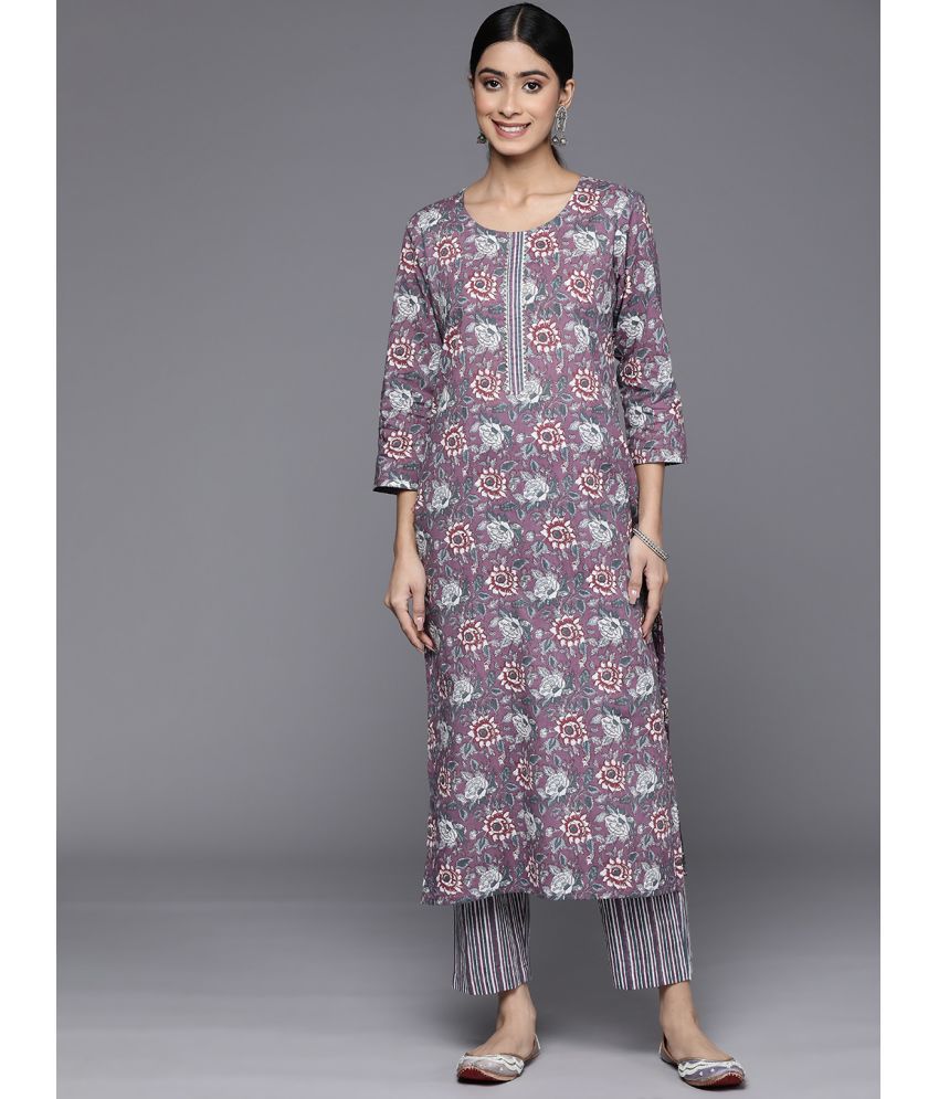     			Varanga Cotton Printed Kurti With Pants Women's Stitched Salwar Suit - Purple ( Pack of 1 )