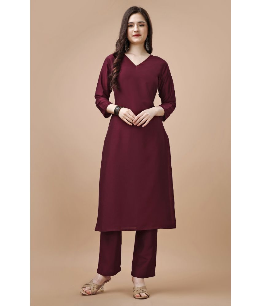     			MOJILAA Silk Solid Kurti With Pants Women's Stitched Salwar Suit - Maroon ( Pack of 1 )