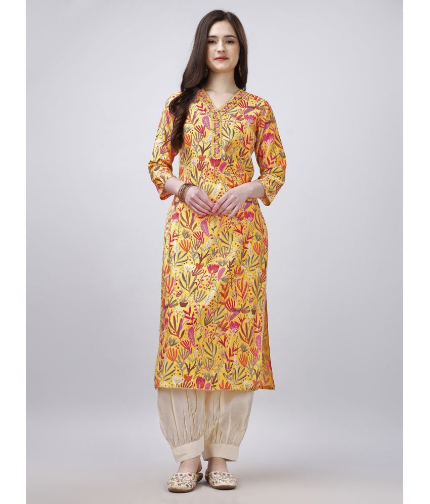     			MOJILAA Viscose Printed Kurti With Salwar Women's Stitched Salwar Suit - Yellow ( Pack of 1 )