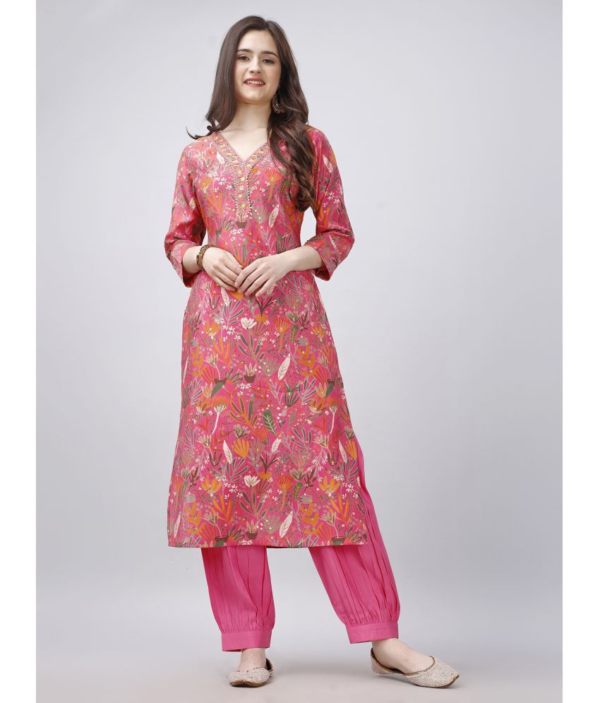     			MOJILAA Viscose Printed Kurti With Salwar Women's Stitched Salwar Suit - Pink ( Pack of 1 )