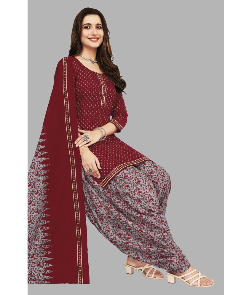     			SIMMU Cotton Printed Kurti With Patiala Women's Stitched Salwar Suit - Maroon ( Pack of 1 )