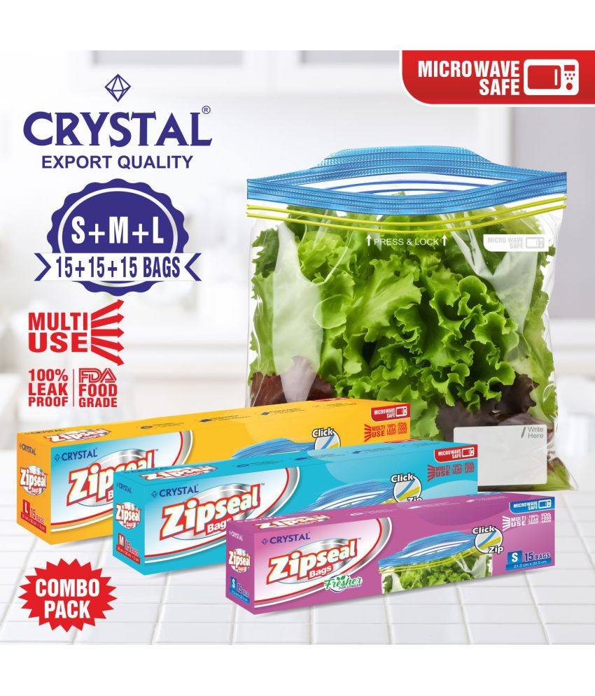     			Crystal Plastic Transparent ZipSeal Small+Medium+Large Storage Bags Pack of 3 (15 pieces each)