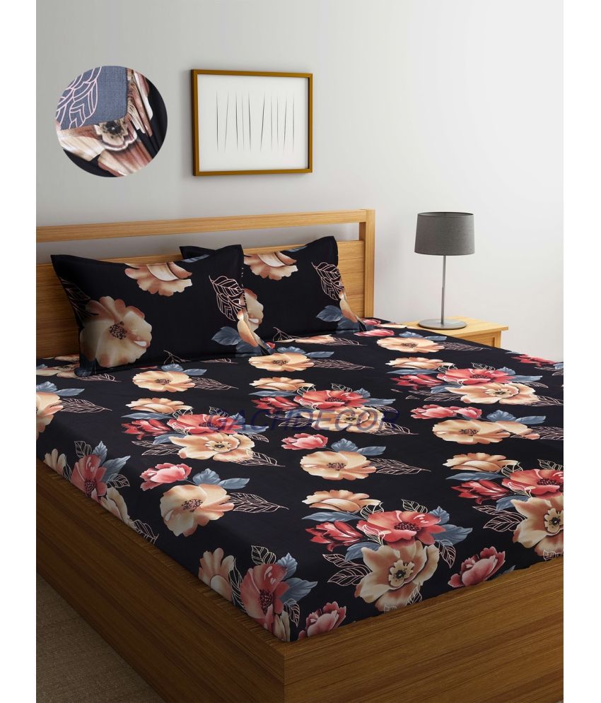     			DECOREZA Cotton Floral Printed Fitted 1 Bedsheet with 1 Pillow Cover ( King Size ) - Black